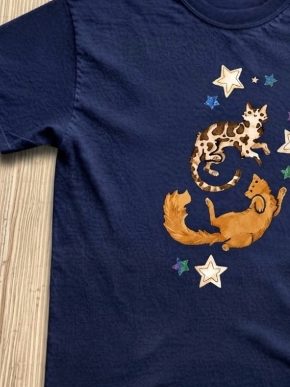 Cute Cats Celestial Stars Watercolor Aesthetic T-Shirt - Picture 3 of 4